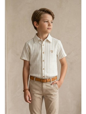 Mutlu Kids Çizgili Kısa Kol Dokulu Erkek Çocuk Gömlek