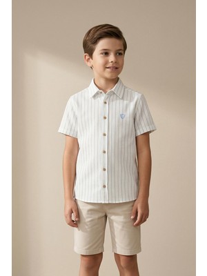 Mutlu Kids Çizgili Kısa Kol Dokulu Erkek Çocuk Gömlek