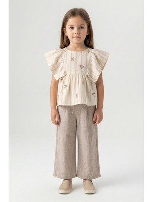 Mutlu Kids Keten Görünümlü Gömlek ve Bağcıklı Pantolon 2'li Kız Çocuk Takımı