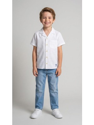 Mutlu Kids Havai Yaka Doğal Keten Kısa Kollu Erkek Çocuk Gömlek