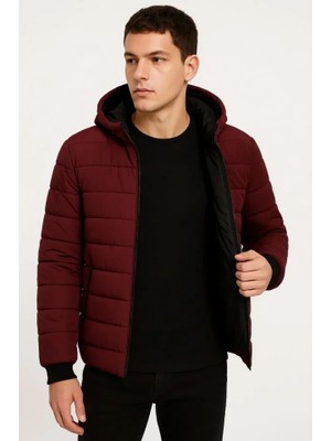 Secret Sita Erkek Şişme Kapüşonlu Fermuarlı Ont U Itici Kapitone Astarlı Kumaş Cepli Kışlık Rahat Kalıp  Bordo