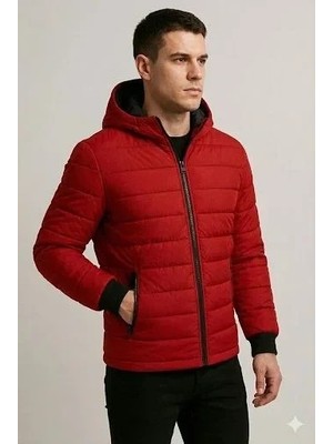 Secret Sita Erkek Şişme Kapüşonlu Fermuarlı Ont U Itici Kapitone Astarlı Kumaş Cepli Kışlık Rahat Kalıp  Kırmızı