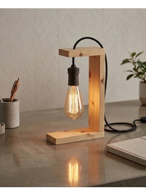 Ahşap Masa Lambası El Yapımı Rustik Dekoratif Vintage Ampul Ofis Gece Lambası