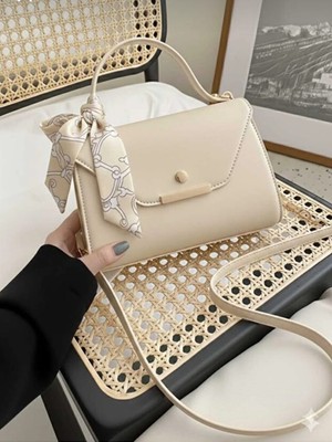 Özüm Çanta Kadın Mini Boy Suni Deri Fular Detaylı El ve Omuz Çantası Krem