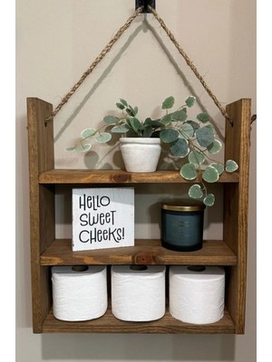 Rustik Doğal Ahşap Banyo Düzenleyici - Halat Askılı Çok Amaçlı Banyo Duvar RAFI(40X40 Cm)