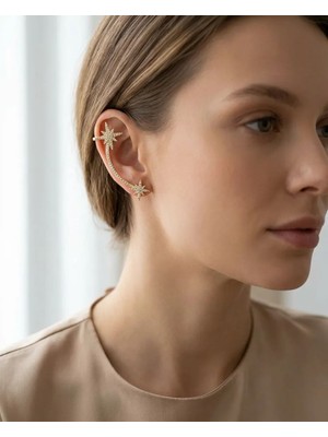 Liyona Zirkon Taşlı Yıldız Figürlü Gold Kıkırdak Küpe (Earcuff)