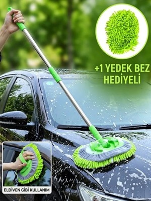 Mucit Home Araba Yıkama Fırçası Oto Yıkama Mop Mikrofiber Bezli Teleskopik Saplı 1 Yedek Bez Hediye