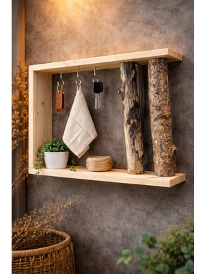 Masif Ahşap Duvar Rafı 3 Askılı Anahtarlık Askılık Dekoratif Organizer