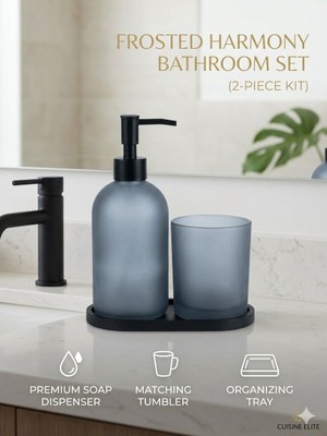 Aaa Cuisine Elite Frosted Harmony - 3 Parça Mat Cam Banyo Seti (Sabunluk, Diş Fırçalık ve Mat Siyah Tepsi) - Buzlu Mavi