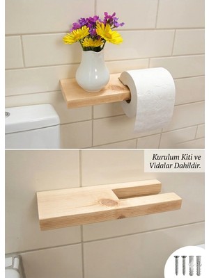 Doğal Masif Ahşap Banyo Rafı ve Tuvalet Kağıtlığı - Kurulum Kiti (Vida-Dübel) Dahil