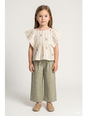 Mutlu Kids Keten Görünümlü Gömlek ve Bağcıklı Pantolon 2'li Kız Çocuk Takımı
