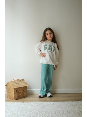 Sacro Kids Turkuaz Punch Işlemeli 2 Iplik Sweatshirt-Eşofman Altı Mevsimlik Kız Çocuk Takım