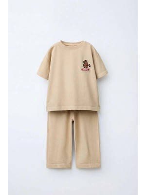 Magu Unisex Çocuk Pamuklu Bej Kapibara Detaylı Tişört Eşofman Takım