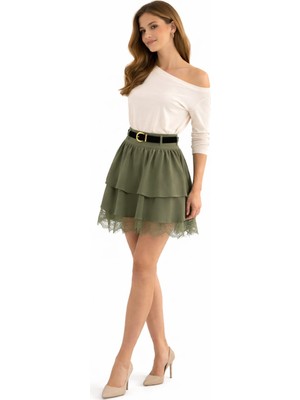 Lubiti Dantel Detaylı Kemerli Ithal Krep Kumaş Mini Etek