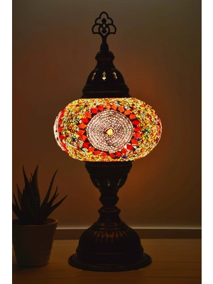 Bazaria Design El Yapımı Mozaik Masa Lambası Yıldız Desenli Camlı Pirinç Gövdeli Dekoratif Abajur E14 Duy Otantik Gece Lambası