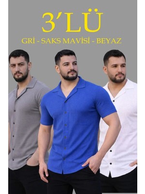 Secret Sita Erkek Waffle Dokuma Açık Yakalı Düğmeli Regular Kalıp 3’lü Gömlek Eti  Gri, Aks Avisi, Beyaz