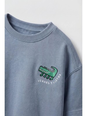 Magu Unisex Çocuk Pamuklu Mavi Timsah Detaylı Tişört Eşofman Takım