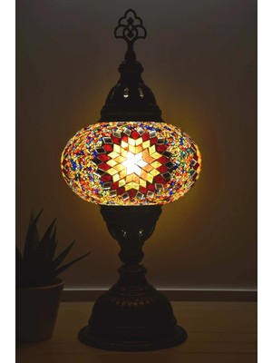 Bazaria Design El Yapımı Mozaik Masa Lambası Yıldız Desenli Camlı Pirinç Gövdeli Dekoratif Abajur E14 Duy Otantik Gece Lambası