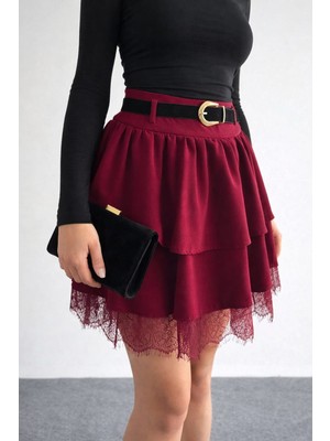 Lubiti Dantel Detaylı Kemerli Ithal Krep Kumaş Mini Etek
