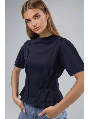 Hiccup Kadınlar Fitted Bisiklet Yaka Tişört Gece Mavisi