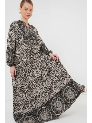 Hiccup Kadınlar BDART Desenli V Yaka Maxi Elbise Natural