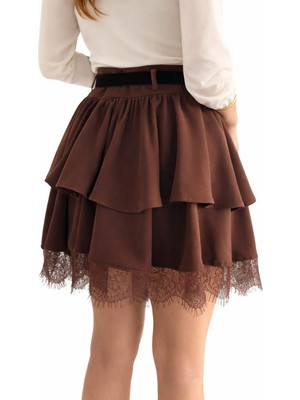 Lubiti Dantel Detaylı Kemerli Ithal Krep Kumaş Mini Etek