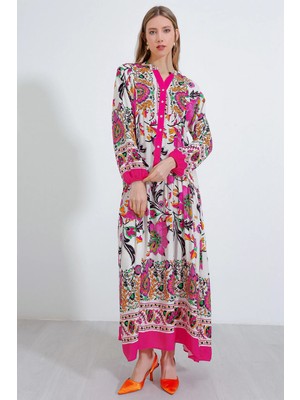 Hiccup Kadınlar BDART Desenli V Yaka Maxi Elbise Çok Renkli