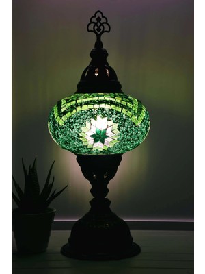Bazaria Design El Yapımı Mozaik Masa Lambası Yıldız Desenli Camlı Pirinç Gövdeli Dekoratif Abajur E14 Duy Otantik Gece Lambası