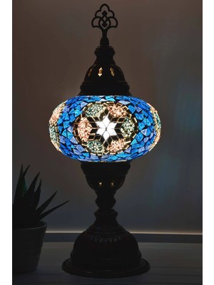 Bazaria Design El Yapımı Mozaik Masa Lambası Yıldız Desenli Camlı Pirinç Gövdeli Dekoratif Abajur E14 Duy Otantik Gece Lambası
