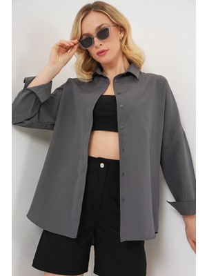 Hiccup Kadınlar BDART Oversize Poplin 2’li Gömlek Gri