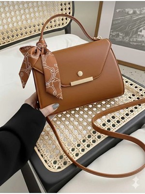 Özüm Çanta Kadın Mini Boy Suni Deri Fular Detaylı El ve Omuz Çantası Taba