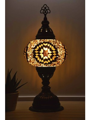 Bazaria Design El Yapımı Mozaik Masa Lambası Yıldız Desenli Camlı Pirinç Gövdeli Dekoratif Abajur E14 Duy Otantik Gece Lambası