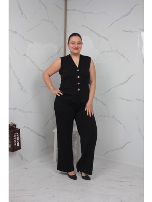 Truva Xxl Siyah Büyük Beden Yelek Pantolon Takım | Likralı Krep Kumaş 42-50 Beden