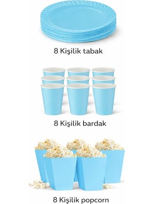 Deha Parti Karton Mavi 8er Adet Renkli Tabak Bardak Popcorn Set Doğum Günü
