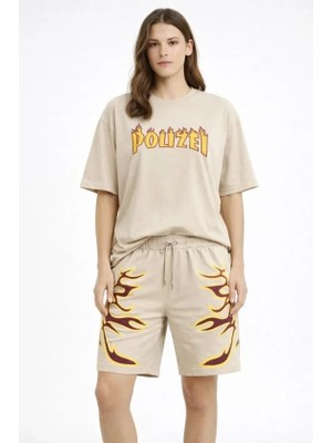 Secret Sita Bej Oversize Baskılı Tişört Şort Takım Cepli Şort Yazlık Rahat Günlük Kombin  Bej