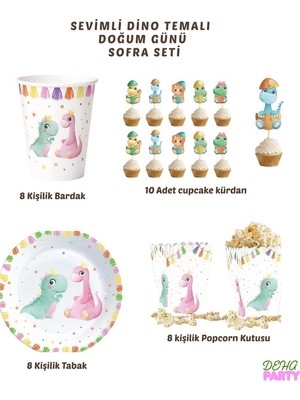 Deha Parti Karton Sevimli Dino 23 cm 8'er Adet Tabak Bardak Popcorn Kürdan Set Doğum Günü