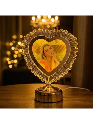 Hediye Yatak Odası Için Abajur LED Işıklı Fotoğraflı Çerçeve Kristal Kalpli Kişiye Özel Resimli Abajür