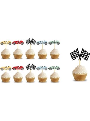 Deha Parti Yarış Arabaları Temalı Konsept Kürdanlı Cupcake Süsü Doğum Günü Süsü 10 Adet