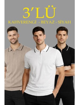 Secret Sita Erkek 3’lü Paket Dokuma Triko  Fermuarlı Yakalı Fitilli Kısa Kollu Regular Fit Tişört  Kahverengi, Beyaz, Iyah