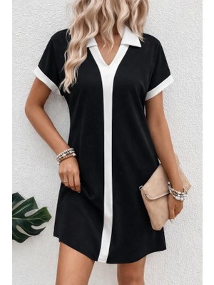 Secret Sita Kadın Kısa Kollu V Yakalı Onden Şerit Detaylı Yakalı Kısa Janjan Krep Elbise