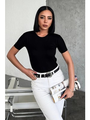 byasafkids Rahat ve Şık Kısa Kollu Bisiklet Yaka Likralı Viskon Penye Body Siyah ( Lisinya )