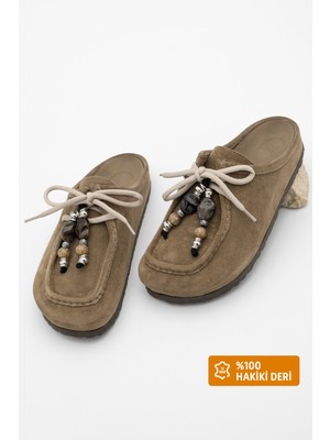 Marjin Kadın Hakiki Deri Eva Taban Önü Kapalı Bağcık Detaylı Boncuklu Sabo Günlük Terlik Nosela Toprak Süet