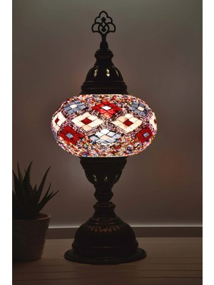 Bazaria Design El Yapımı Mozaik Masa Lambası Yıldız Desenli Camlı Pirinç Gövdeli Dekoratif Abajur E14 Duy Otantik Gece Lambası