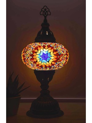 Bazaria Design El Yapımı Mozaik Masa Lambası Yıldız Desenli Camlı Pirinç Gövdeli Dekoratif Abajur E14 Duy Otantik Gece Lambası