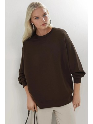 Hiccup Kadın Busem Rahat Kesim Bisiklet Yaka Örme Sweatshirt Kahve Kahvesi