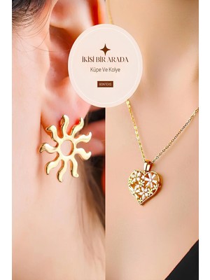 Bontexs Kadın Güneş Küpe ve Kalp Kolye Ikili Set 316 L Paslanmaz Kararmaz Set