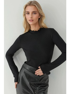 Hiccup Kadın Dokulu Slim Fit Yuvarlak Yaka Uzun Kollu Üst Siyah