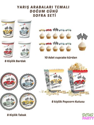 Deha Parti Karton Yarış Arabaları 23 cm 8'er Adet Tabak Bardak Popcorn Kürdan Set Doğum Günü