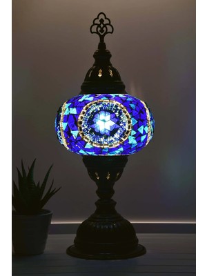 Bazaria Design El Yapımı Mozaik Masa Lambası Yıldız Desenli Camlı Pirinç Gövdeli Dekoratif Abajur E14 Duy Otantik Gece Lambası