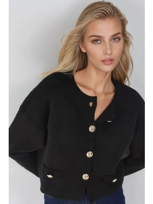 Hiccup Kadın My Fashıon Düğmeli Dokulu Triko Hırka Siyah